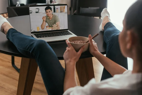 Selective Focus Girl Holding Bowl Crunches Video Chat Smiling Asian — Stock Photo, Image