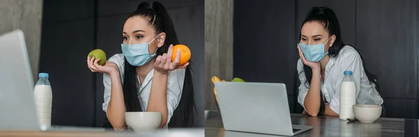 Colagem Jovem Mulher Máscara Médica Olhando Para Laptop Segurando Frutas — Fotografia de Stock