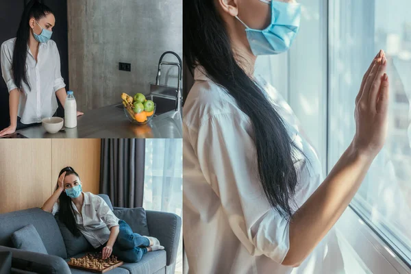 Collage Mujer Deprimida Máscara Médica Mirando Través Ventana Sentado Sofá —  Fotos de Stock