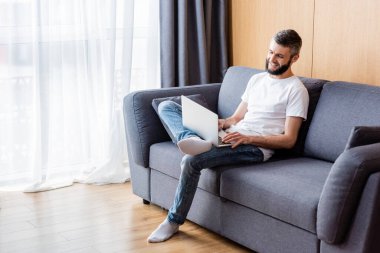 Evdeki kanepede dizüstü bilgisayarda çalışan pozitif tele-işçi. 