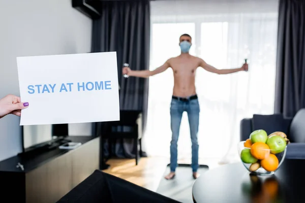 Selective Focus Woman Holding Card Stay Home Lettering Shirtless Man — Stock Photo, Image