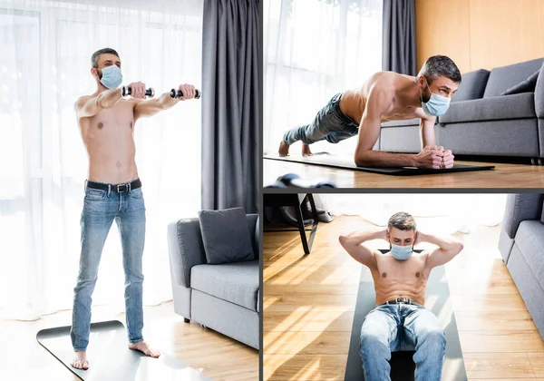 Colagem Homem Sem Camisa Máscara Médica Trabalhando Com Halteres Casa — Fotografia de Stock