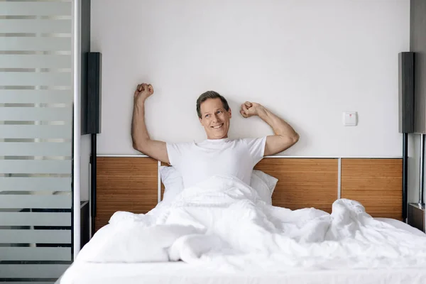 Cheerful Man Looking Away While Stretching Morning — Stock Photo, Image