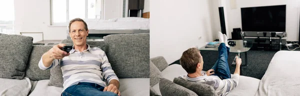 Colagem Homem Jeans Segurando Controladores Remotos Perto Tela Branco Casa — Fotografia de Stock