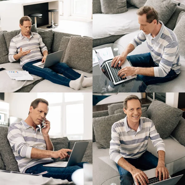 Collage Del Freelancer Hablando Smartphone Usando Laptops —  Fotos de Stock