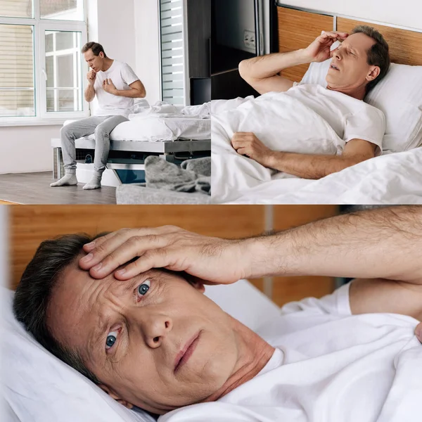 Collage Diseased Man Touching Head Coughing Bedroom — Stock Photo, Image