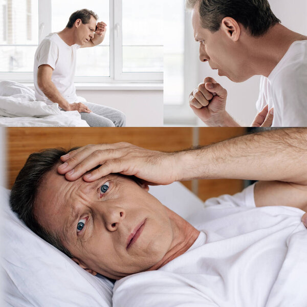 collage of diseased man touching forehead and coughing in bedroom 
