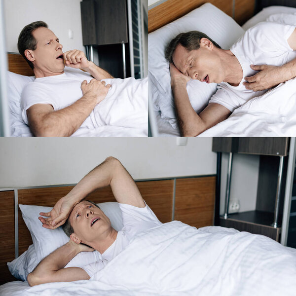 collage of diseased man coughing and touching forehead in bedroom 