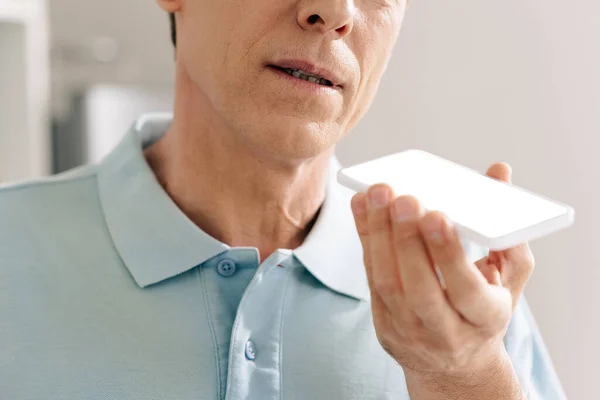 Cropped View Man Recording Voice Message While Holding Smartphone White — Stock Photo, Image