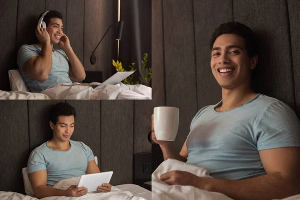 Colagem Com Homem Raça Mista Sorrindo Segurando Xícara Café Usando — Fotografia de Stock