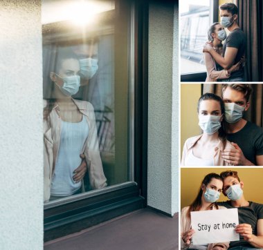 Tıbbi maskeli çiftin kolajı pankart tutarken evde kalıp, evdeki pencerelerin yanında yazılar yazıp sarılıyorlar.