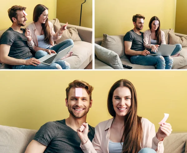 Collage Pareja Alegre Con Notas Adhesivas Frente Jugando Juego Línea — Foto de Stock