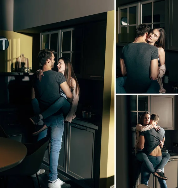 Collage Pareja Apasionada Besándose Abrazándose Casa — Foto de Stock