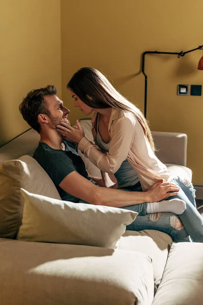 Selective Focus Girl Touching Face Happy Bearded Man Living Room — Stock Photo, Image