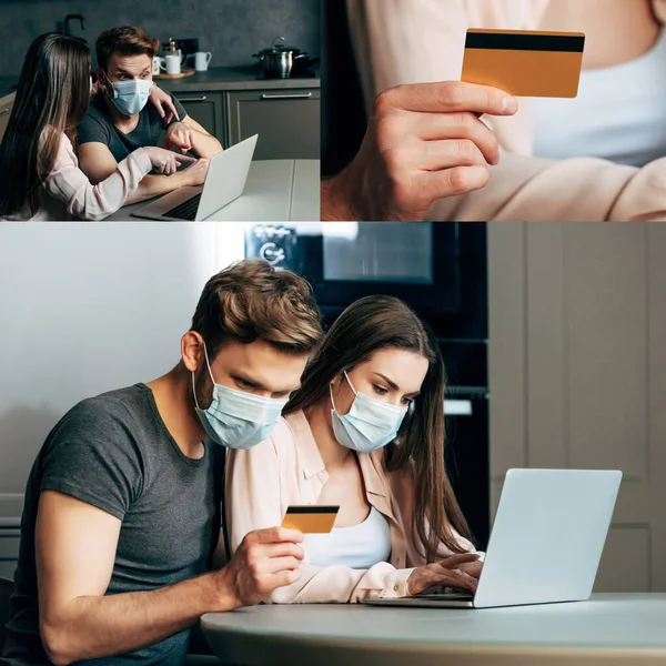 Collage Van Paar Medische Maskers Online Winkelen Thuis — Stockfoto