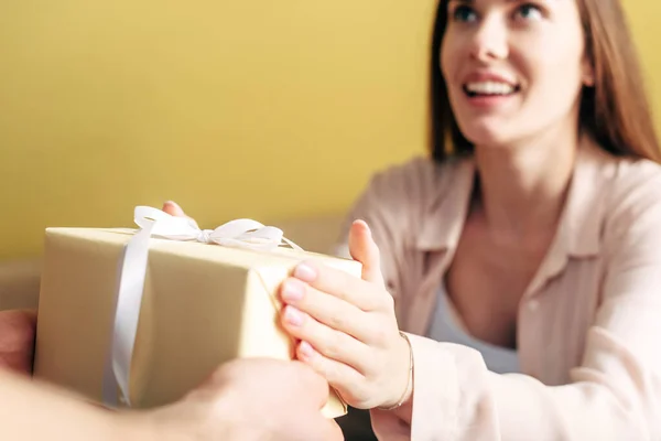 Selective Focus Man Giving Present Happy Girlfriend Royalty Free Stock Images