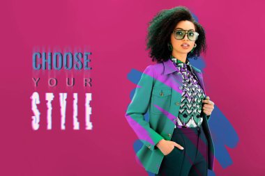 stylish african american woman in jacket posing on pink background with choose your style illustration clipart