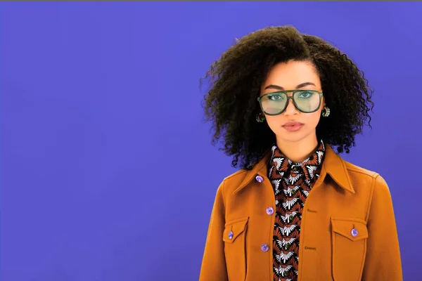 Stylish African American Woman Brown Jacket Looking Camera Isolated Purple — Stock Photo, Image