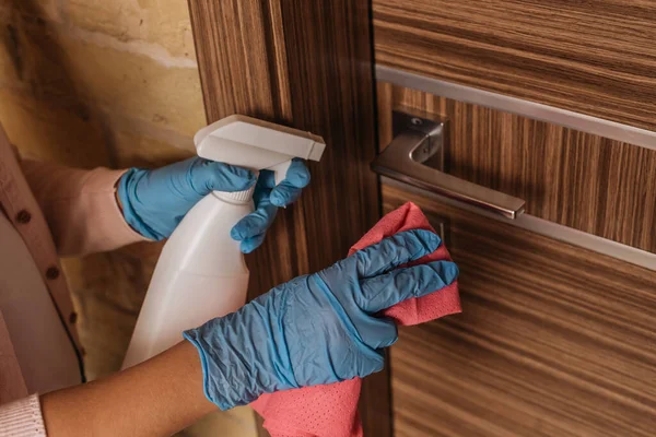 Cropped View Child Latex Gloves Cleaning Door Handle Home — Stock Photo, Image