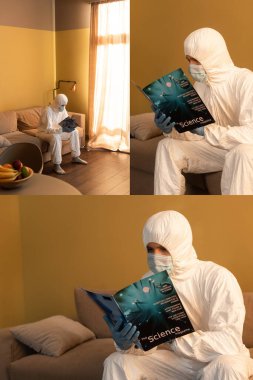 Dezenfekte kıyafeti ve sağlık maskesiyle oturma odasında fen dergisi okuyan bir adam kolajı.