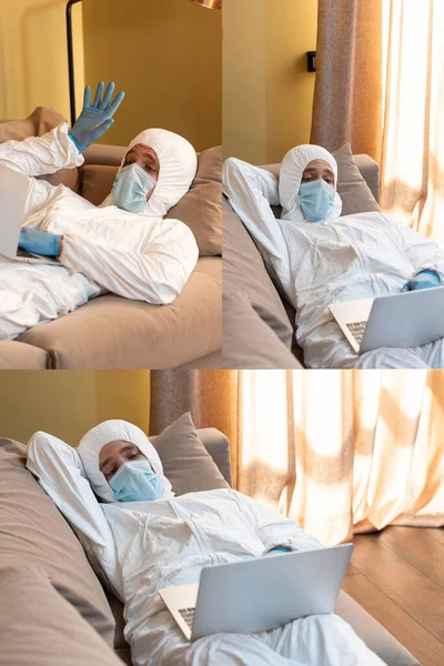 Collage Man Hazmat Suit Having Video Call Using Laptop Couch — Stock Photo, Image