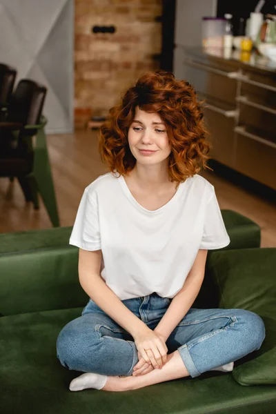 Attractive Curly Woman Sitting Sofa — Stock Photo, Image