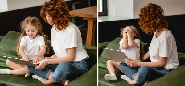 在客厅里 卷曲的妈妈抱着笔记本电脑靠近感情的女儿蒙面的拼贴 — 图库照片