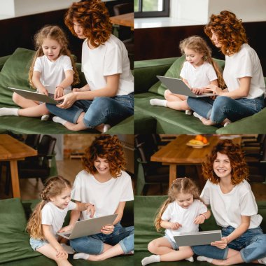 collage of cheerful redhead mother using laptops with cute daughter in living room  clipart