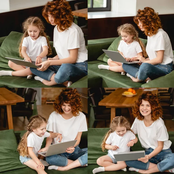 Collage Van Vrolijke Roodharige Moeder Met Behulp Van Laptops Met — Stockfoto