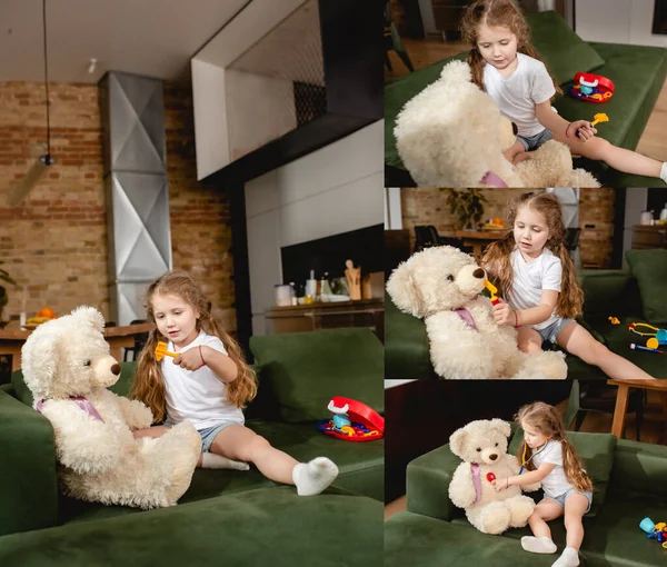 Collage Cute Kid Playing Teddy Bears Living Room — Stock Photo, Image