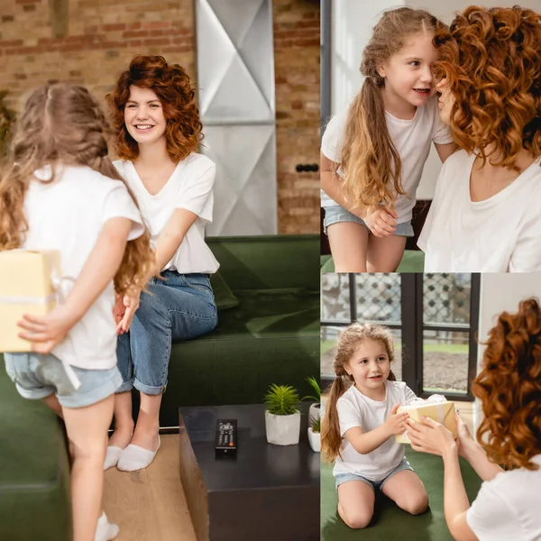 Collage Kid Holding Presents Curly Mother — Stock Photo, Image