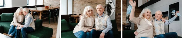 Collage Elderly Couple Sitting Home Self Isolation Horizontal Concept — Stock Photo, Image