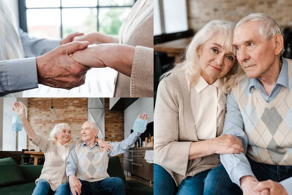 Collage Elderly Couple Holding Hands Holding Medical Masks Sitting Home — Stock Photo, Image