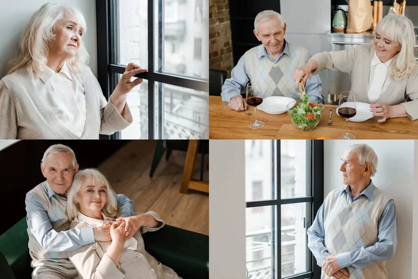 Collage Con Pareja Ancianos Sentados Casa Cenando Auto Aislamiento — Foto de Stock