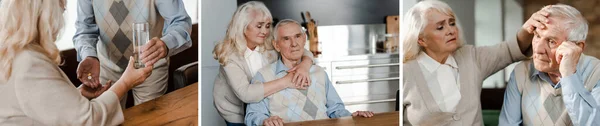 Collage Con Pareja Ancianos Enfermos Sentados Casa Autoaislamiento Orientación Panorámica —  Fotos de Stock