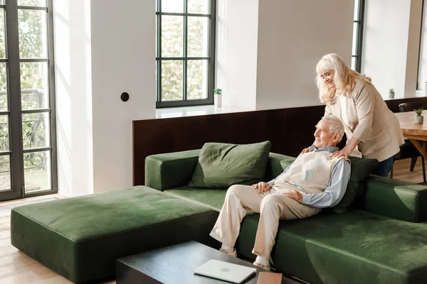 Happy Senior Husband Wife Doing Massage Chilling Home Quarantine — Stock Photo, Image