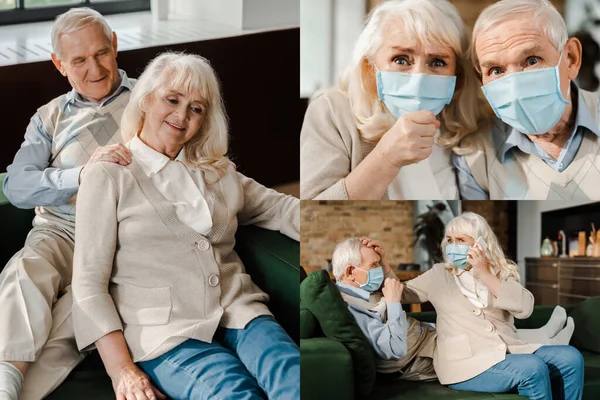 Colagem Com Casal Idosos Máscaras Médicas Fazendo Massagem Chamando Médico — Fotografia de Stock