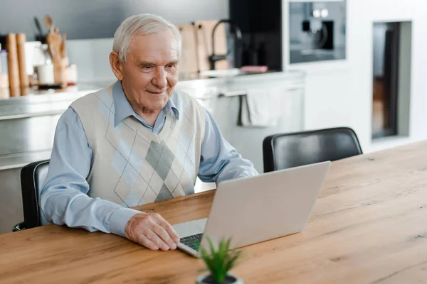 Sorridente Uomo Anziano Avendo Chiamata Chat Sul Computer Portatile Casa — Foto Stock