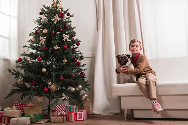 Ragazzo seduto su divano con carlino — Foto stock