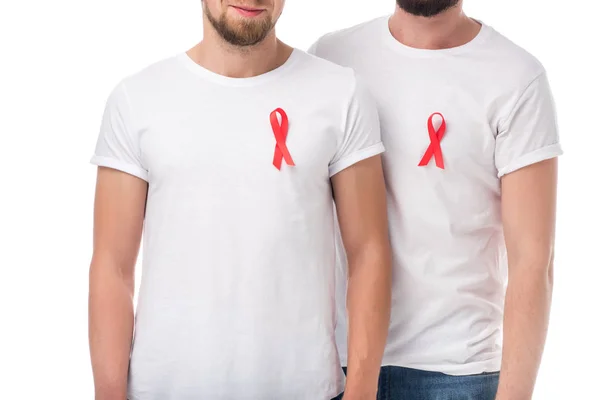 Gay couple with aids ribbons — Stock Photo