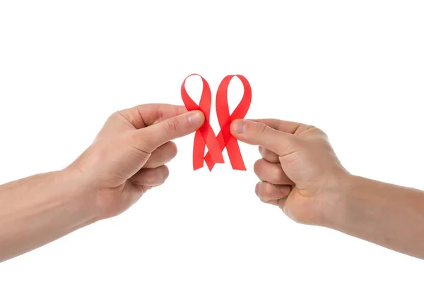 Gay couple with aids ribbons — Stock Photo