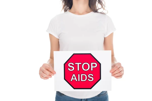 Mujer con bandera de stop aids - foto de stock