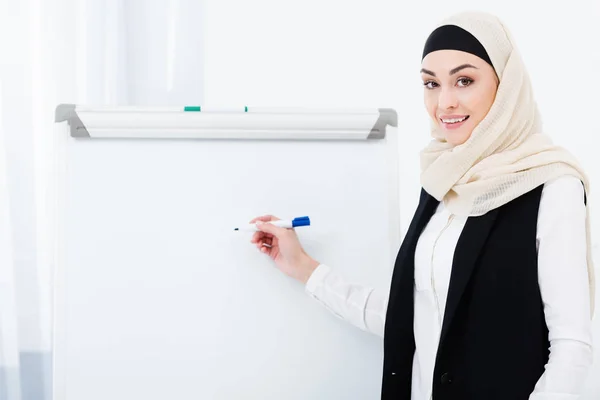 Улыбающаяся мусульманка-бизнесмен в хиджабе, указывающая на белую доску в офисе — стоковое фото