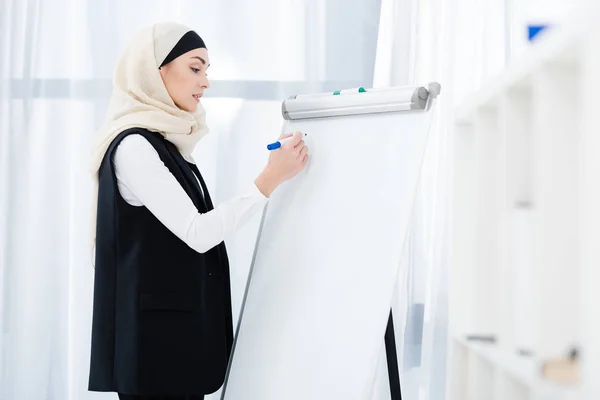 Vista lateral da empresária muçulmana fazendo anotações no quadro branco no escritório — Fotografia de Stock