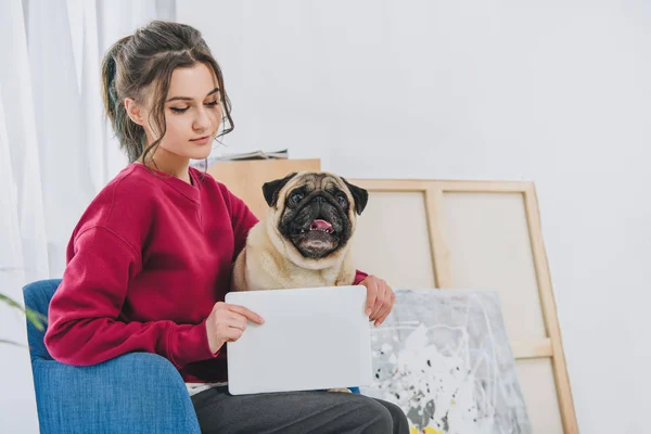 Junge Frau benutzt Tablet und umarmt Mops-Hund — Stockfoto