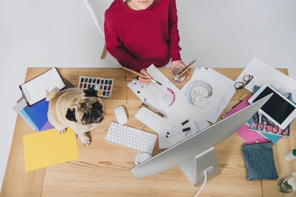 Diseñadora femenina trabajando en ilustraciones con lindo pug en mesa de trabajo con computadora - foto de stock