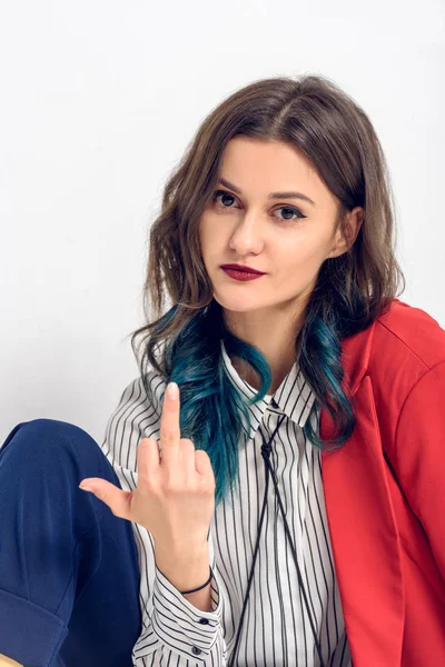 Pretty lady showing middle finger on white background — Stock Photo