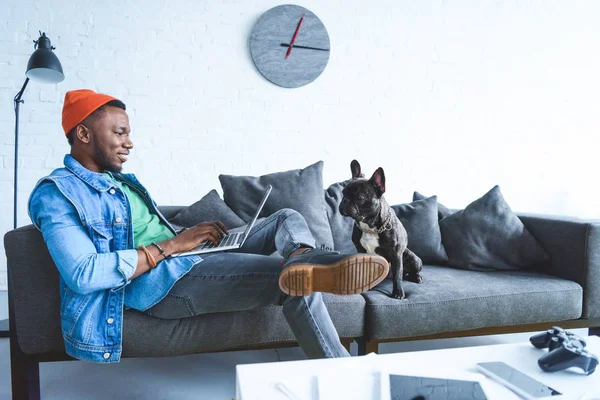 Frenchie cão pelo proprietário afro-americano homem trabalhando no laptop — Fotografia de Stock