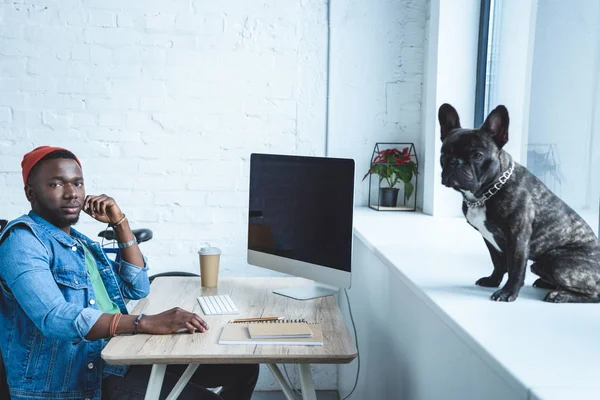 Jeune homme travaillant par ordinateur tandis que Frenchie chien assis sur le rebord de la fenêtre — Photo de stock