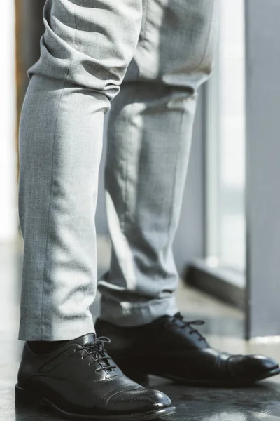Sezione bassa di uomo d'affari in piedi in scarpe e pantaloni di pelle alla moda — Foto stock